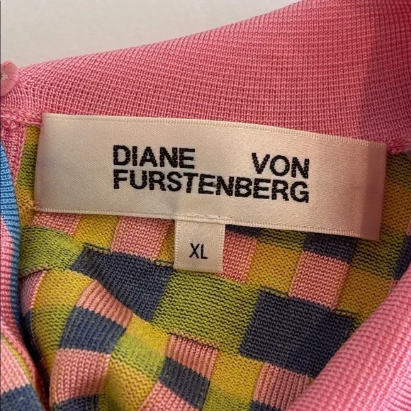 DIANE VON FURSTENBERG Jenny short sleeved knot top floating gingham pink size XL - Picture 6 of 13